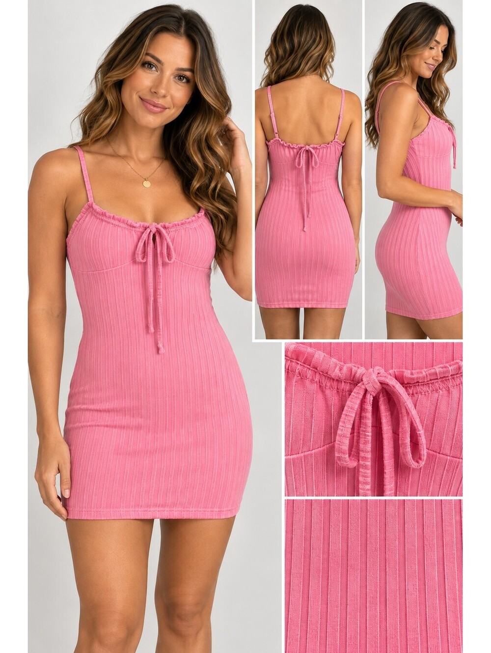 SHEIN Pink Ribbed Tie Front Bodycon Mini Dress Size Small